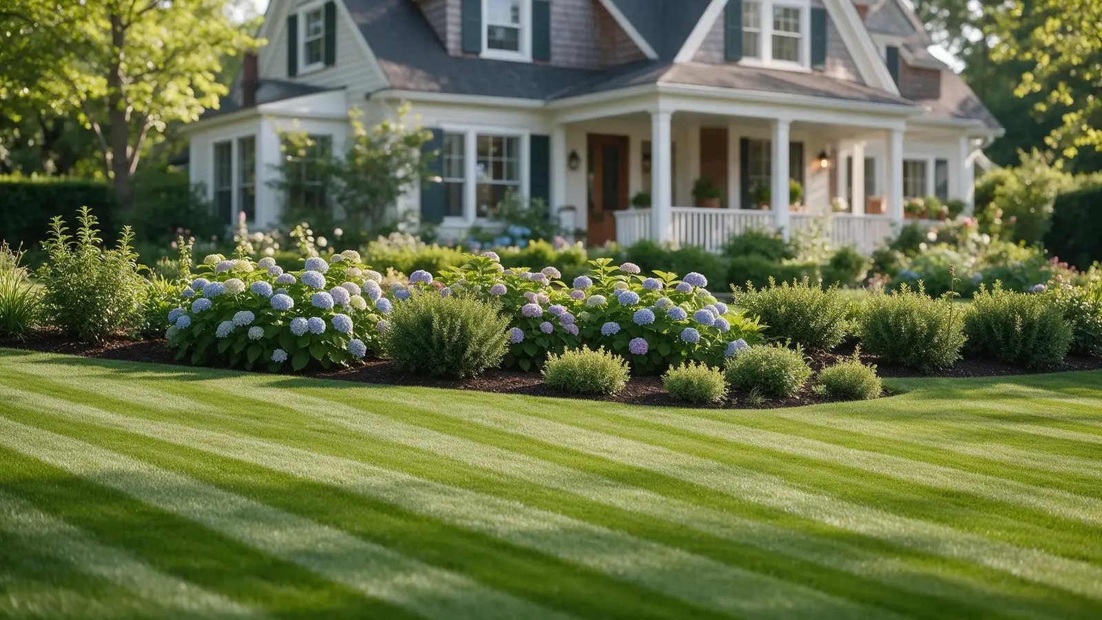 A perfectly striped, manicured lawn with garden beds in front of a Rochester, NY home