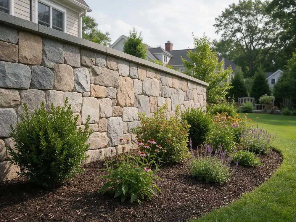 Backyard stone retaining wall and mulched garden bed