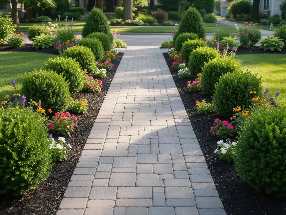 Front walkway lined with trimmed boxwood shrubs and flowers