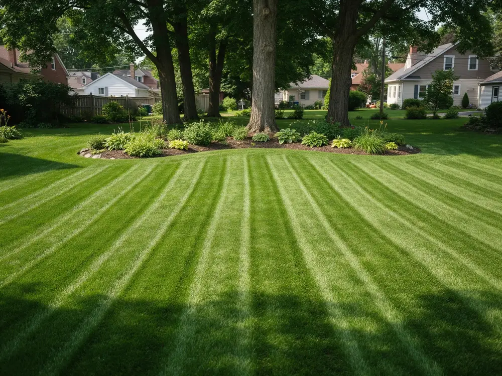 Large backyard with striped lawn and curved garden border