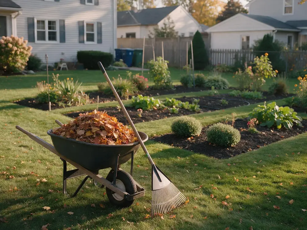 A yard mid seasonal cleanup with a rake and wheelbarrow full of fall leaves