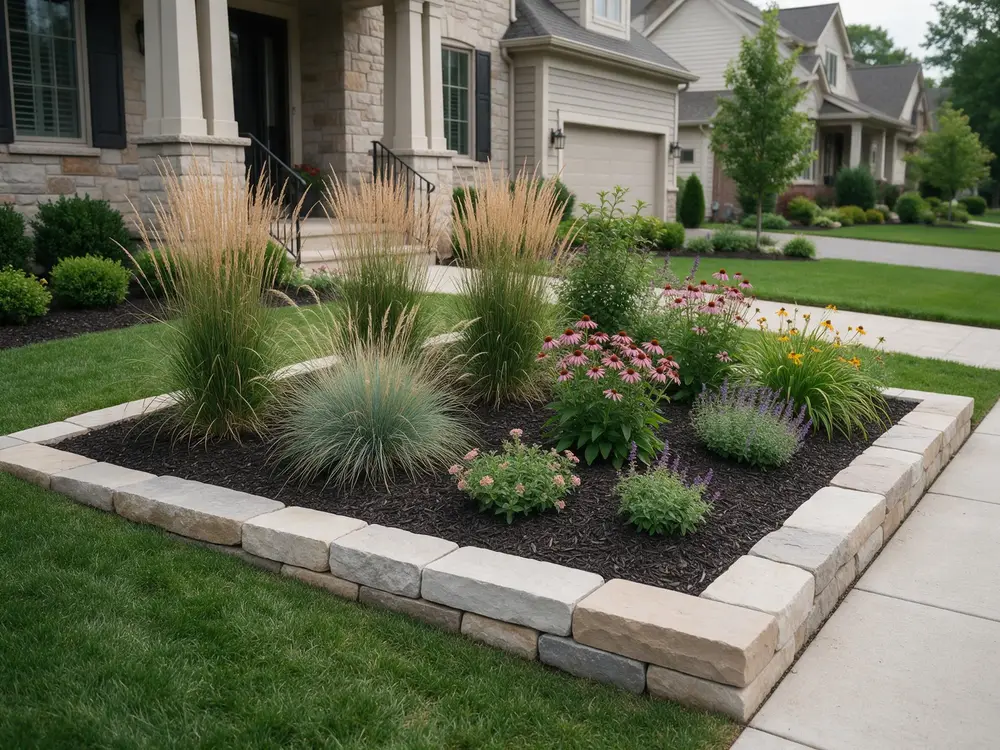 Freshly installed landscape bed with mulch, shrubs and flowering perennials