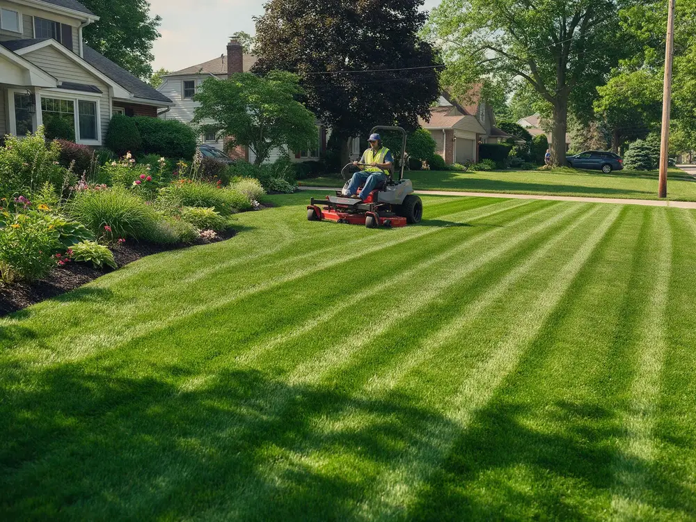 Zero-turn mower cutting crisp stripes into a green lawn